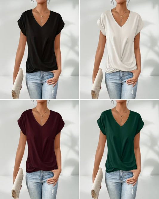 🎉Speciale prijs🎉👚Casual t-shirt met korte mouwen en elegante v-hals plooien