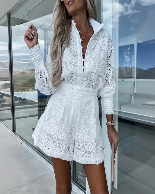 Vrouwen Zomer Staande Kraag Enkel Borst Kant Hol 2 Stuk Set Sexy Korte Korte Korte Mouwen Knoop Top Set