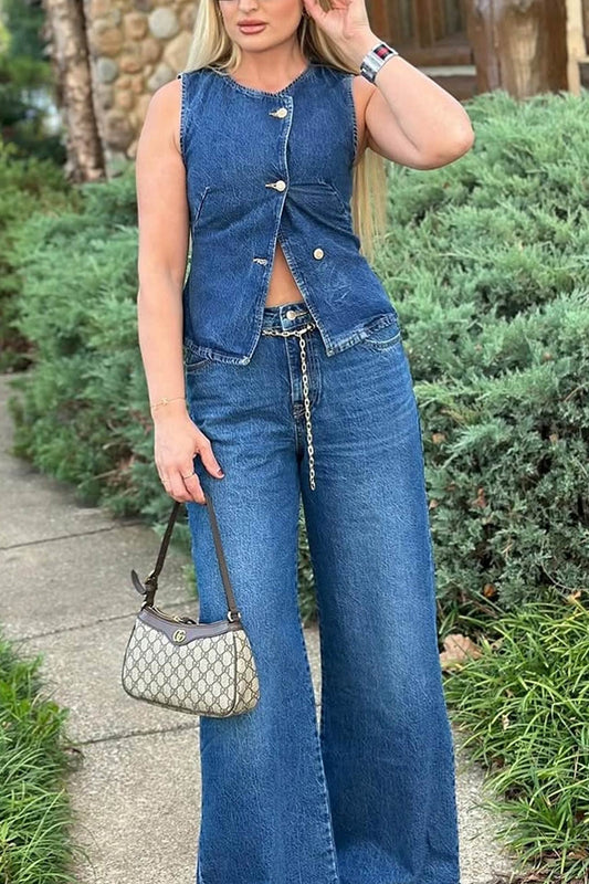 Nieuw voor Lente 2025-Denim Tanktop Jeans met wijde pijpen