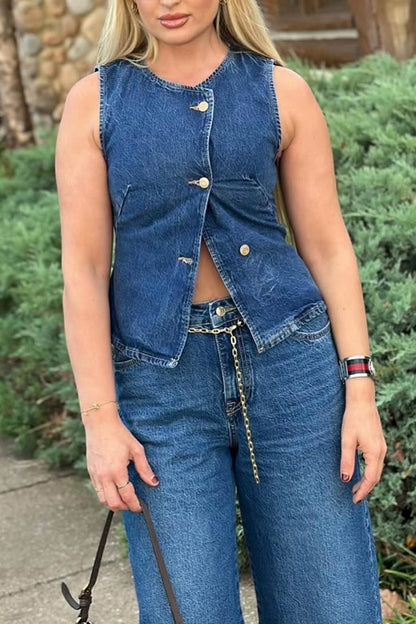 Nieuw voor Lente 2025-Denim Tanktop Jeans met wijde pijpen