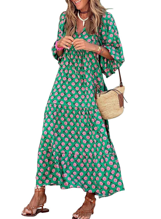 Vrouwen Pofmouw Bloemen Boho Maxi Dress