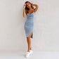 Verstelbare riem U-hals split denim bodycon cami jurk