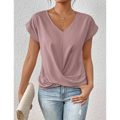 🎉Speciale prijs🎉👚Casual t-shirt met korte mouwen en elegante v-hals plooien