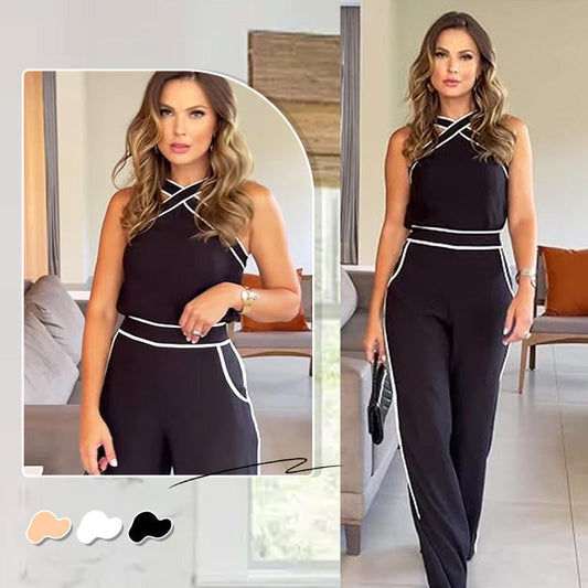 Stijlvolle set van tweedelige top met kruishals en wijde broek