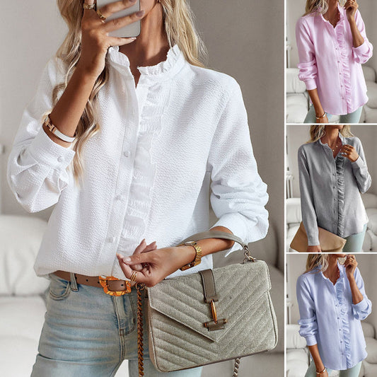 Dames Gestreepte Blouse met Knoopsluiting en Volants