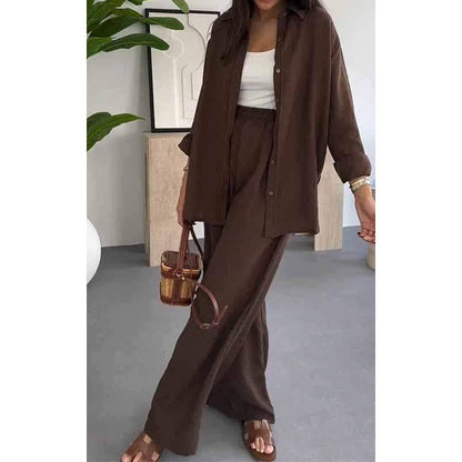 Dames Fashion Solid Color Los Shirt Casual Broek Wijde Pijpen Set Twee Stuks