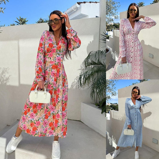 💕Mode V-hals knoopjurken lange mouwen bloemen taille jurken