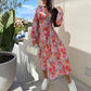 💕Mode V-hals knoopjurken lange mouwen bloemen taille jurken