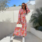 💕Mode V-hals knoopjurken lange mouwen bloemen taille jurken