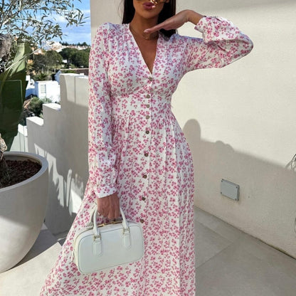 💕Mode V-hals knoopjurken lange mouwen bloemen taille jurken