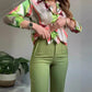 2-delige set van bedrukt shirt en broek met knopen voor dames